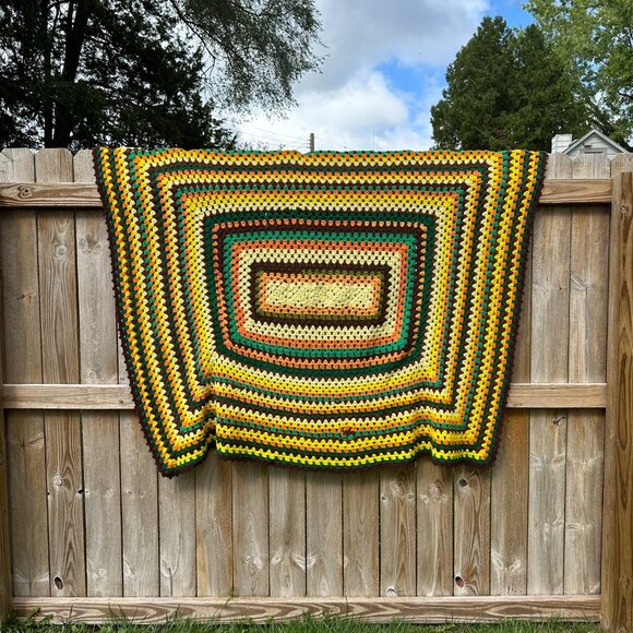 Vintage 70's Handmade Blanket Knit Square Mod Green Yellow Brown Crochet Fall - Picture 1 of 8